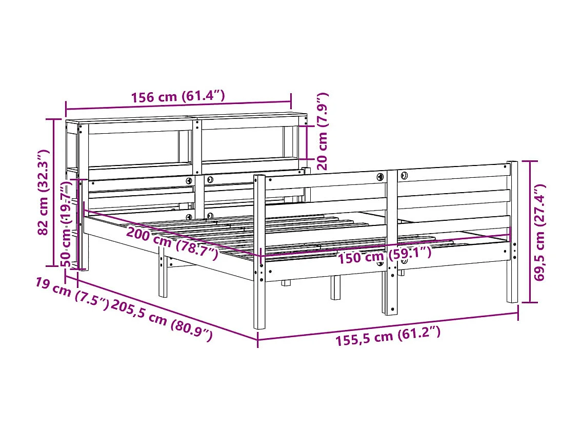Bedframe met hoofdbord massief grenenhout wit 150x200 cm