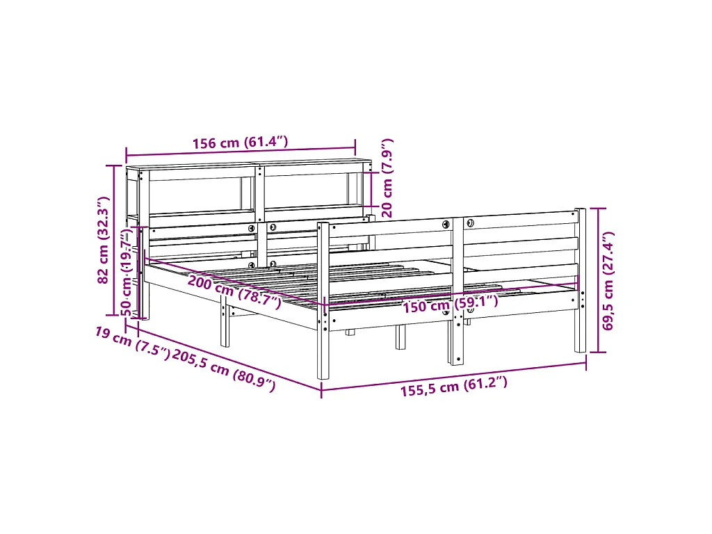 Estrutura de cama c/ cabeceira 150x200 cm pinho maciço branco