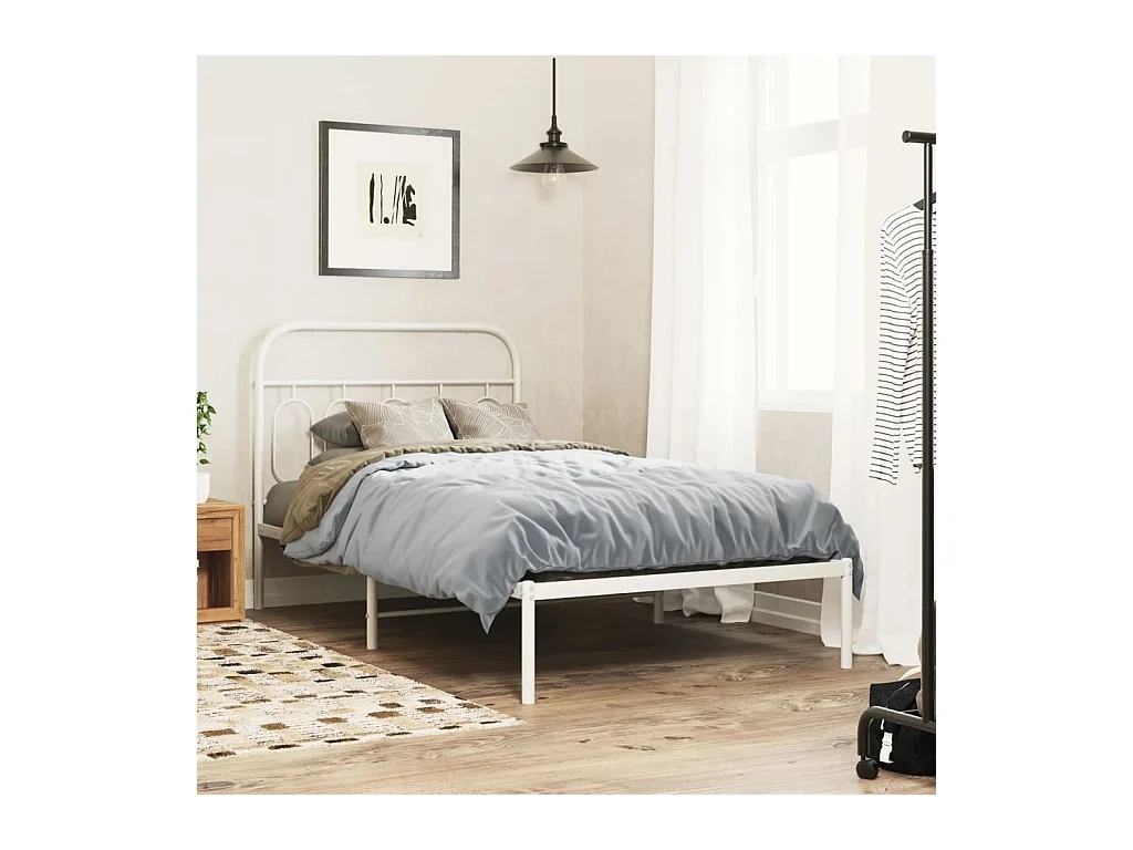Cadre de lit métal sans matelas et tête de lit blanc 107x203 cm