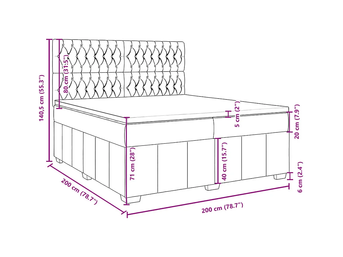 Sommier à lattes de lit avec matelas Gris foncé 200x200cm Tissu