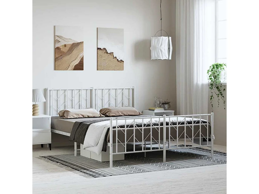Cadre de lit métal sans matelas et pied de lit blanc 193x203 cm