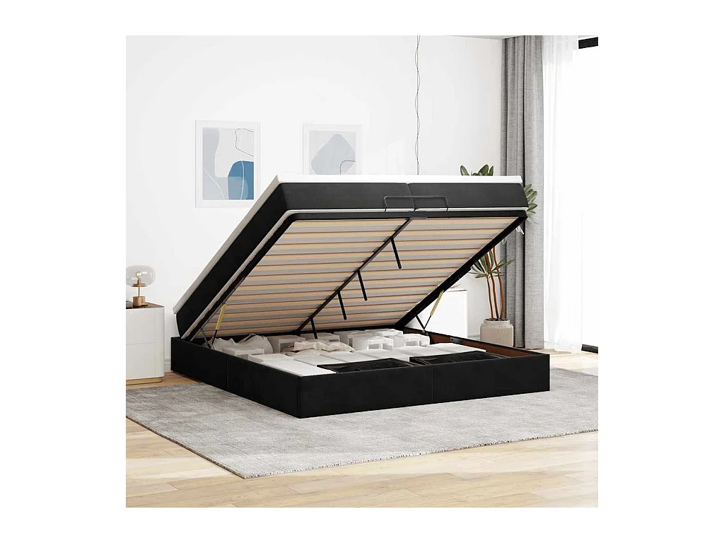 Cadre de lit ottoman avec matelas noir 200x200cm velours