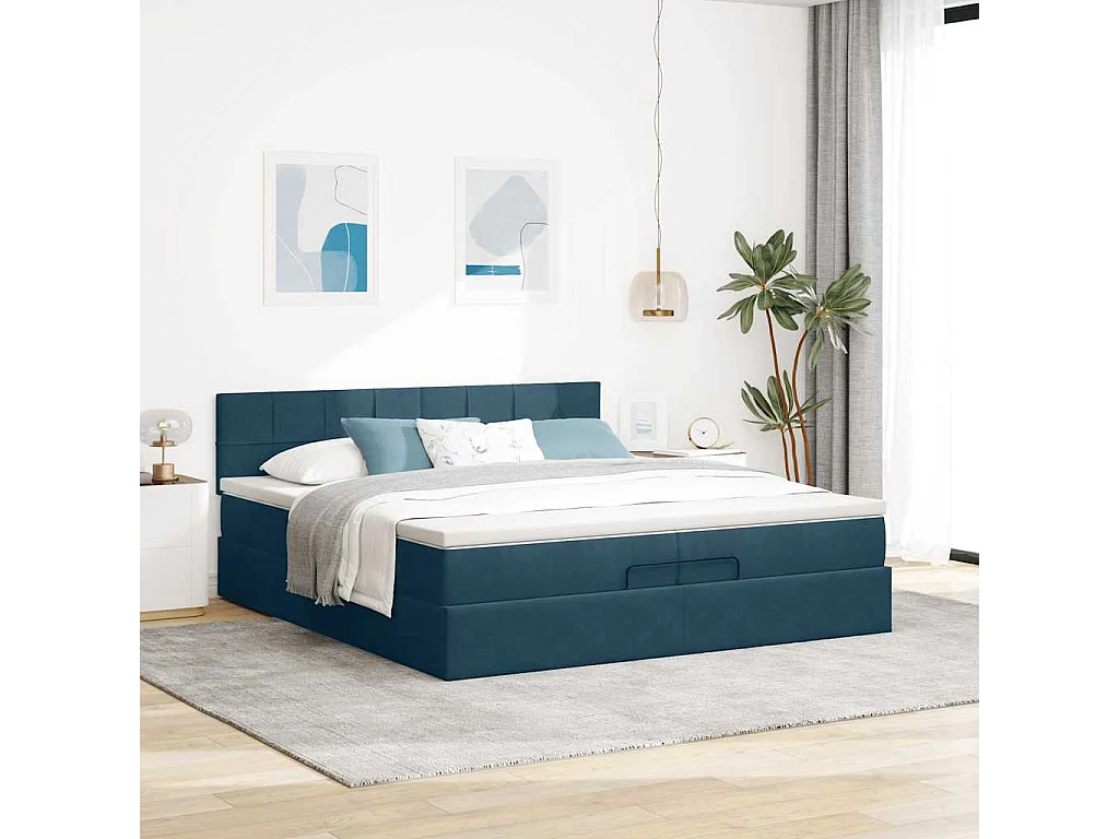 Pouf Letto con Materassi e LED Blu Scuro 200x200cm Velluto