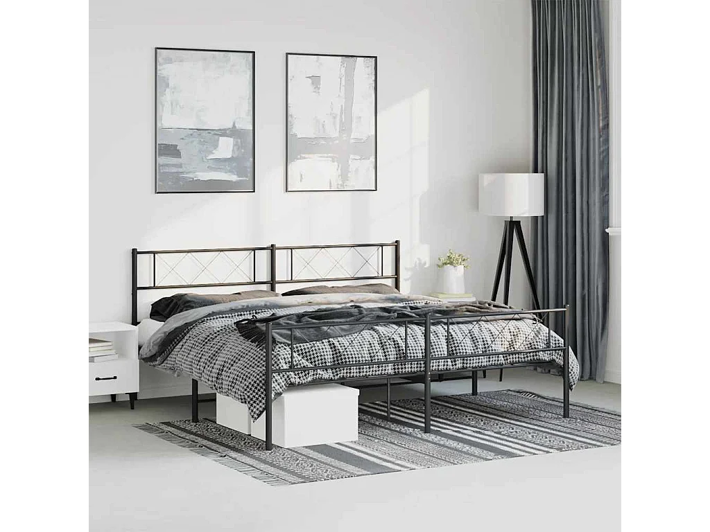 Cadre de lit métal sans matelas avec pied de lit noir 193x203cm