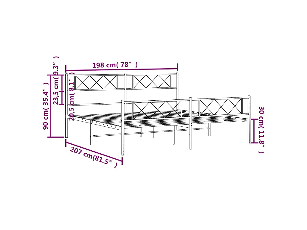 Cadre de lit métal sans matelas avec pied de lit noir 193x203cm