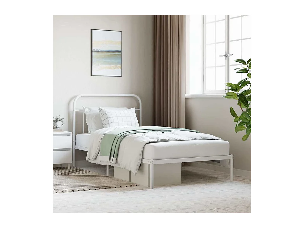 Cadre de lit métal sans matelas et tête de lit blanc 107x203 cm