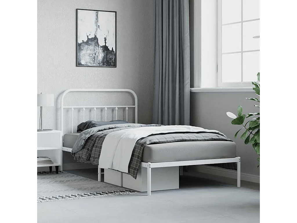 Cadre de lit métal sans matelas et tête de lit blanc 107x203 cm