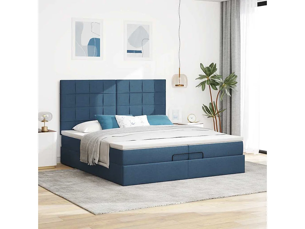 Struttura Letto Pouf con Materassi Blu 200x200 cm in Tessuto