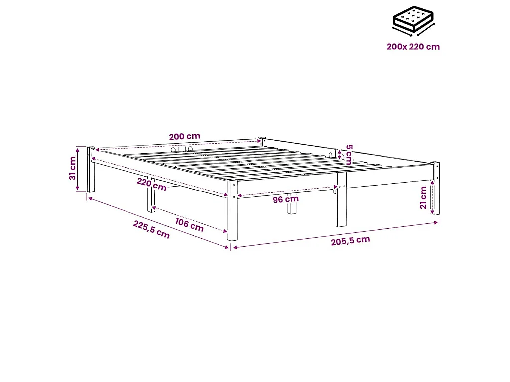 Cadre de lit extra long sans matelas 200x220 cm bois massif pin