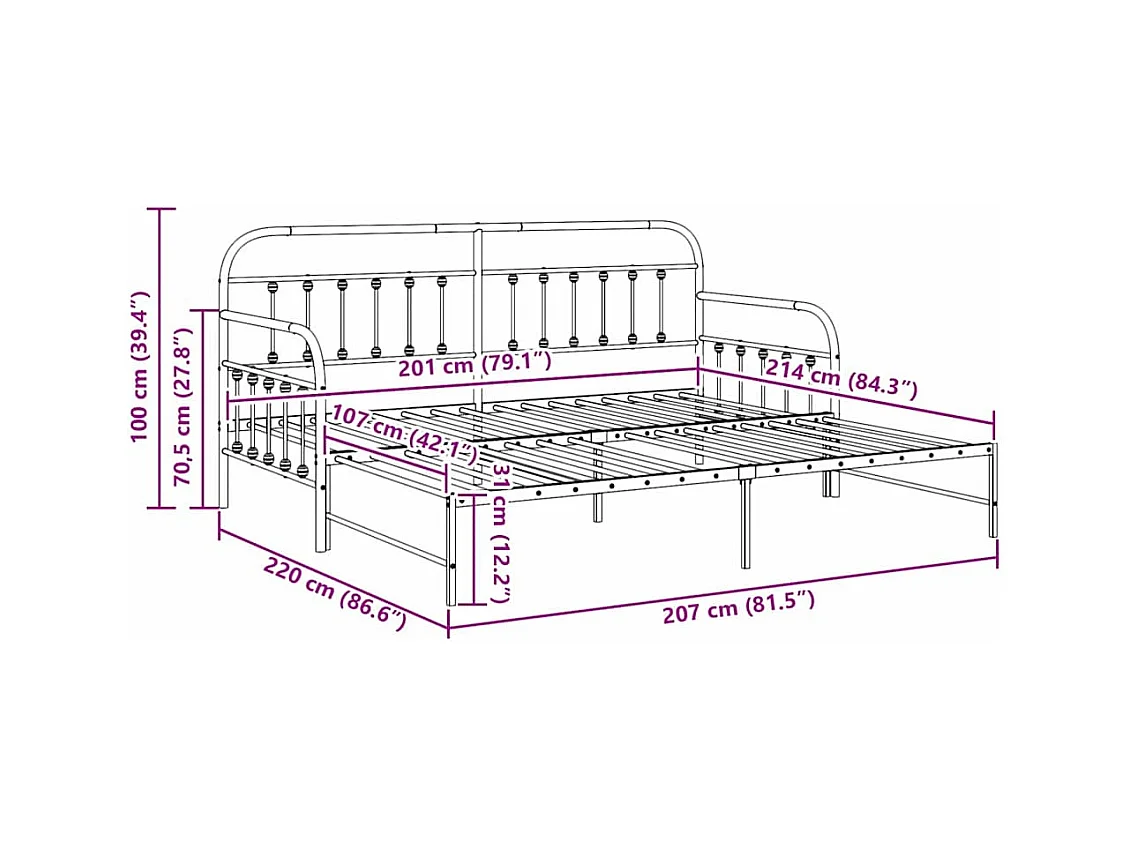 Estrutura de cama de dia com cabeceira Preto 107 x 203 cm Aço