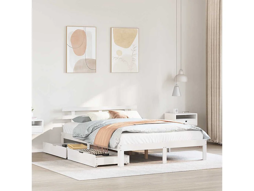 Cadre de lit avec tiroirs sans matelas blanc 150x200 cm