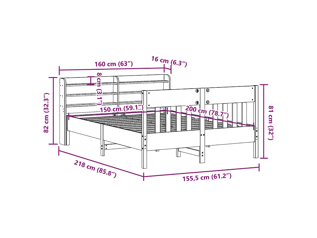 Cama sem colchão 150x200 cm madeira de pinho maciça branco