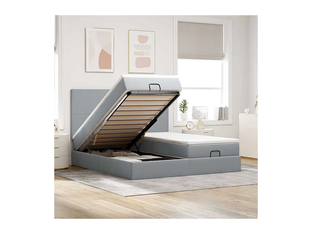 Cadre de lit ottoman et matelas gris clair 200x200cm tissu