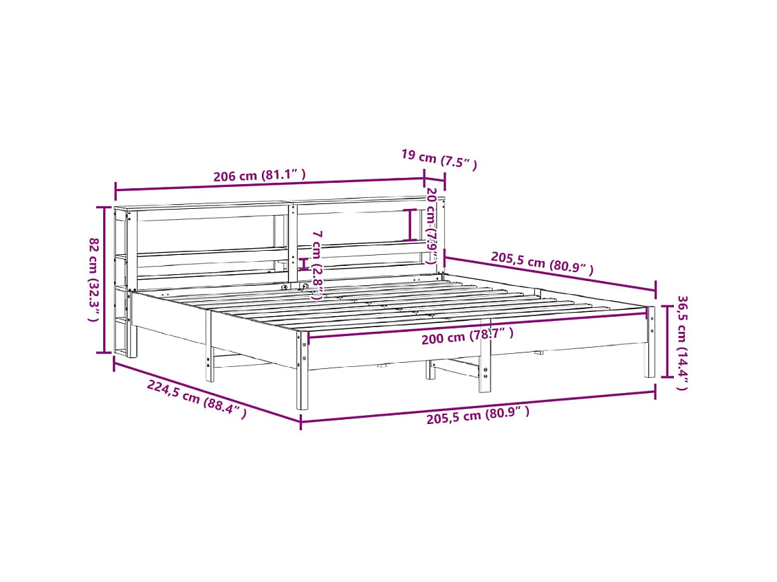 Cadre de lit sans matelas blanc 200x200 cm bois massif de pin