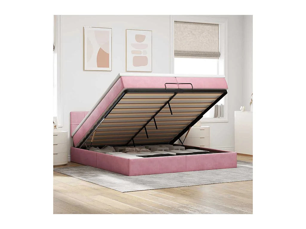 Cadre de lit ottoman avec matelas rose 200x200 cm velours