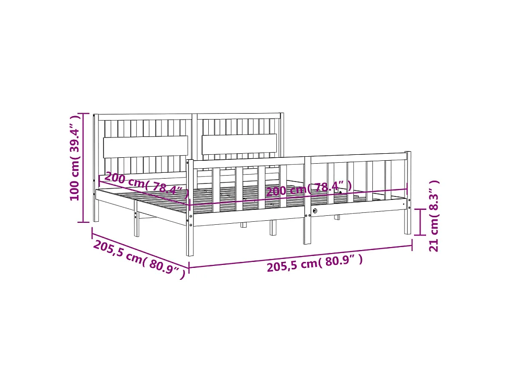 Bedframe met hoofdbord massief hout zwart 200x200 cm