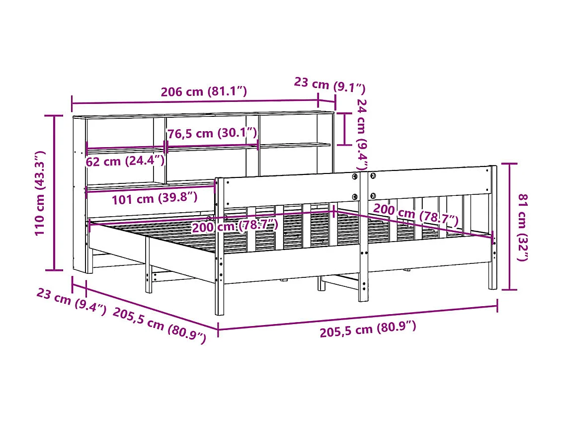 Cadre de lit sans matelas blanc 200x200 cm bois massif de pin