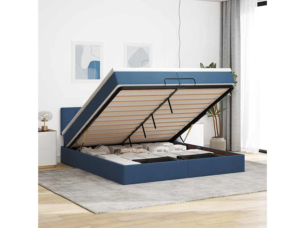 Struttura Letto Pouf con Materasso Blu 200x200 cm in Tessuto