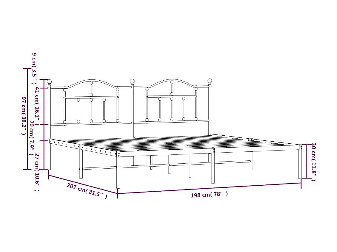 Cadre de lit métal sans matelas et tête de lit blanc 193x203 cm