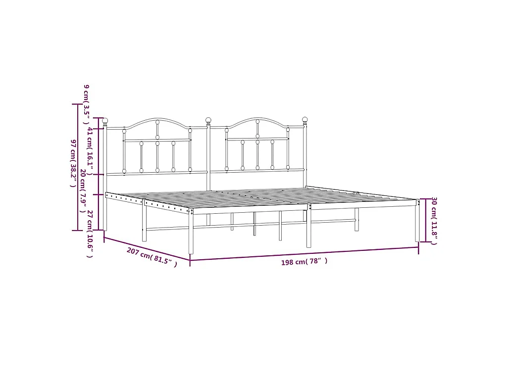Cadre de lit métal sans matelas et tête de lit blanc 193x203 cm