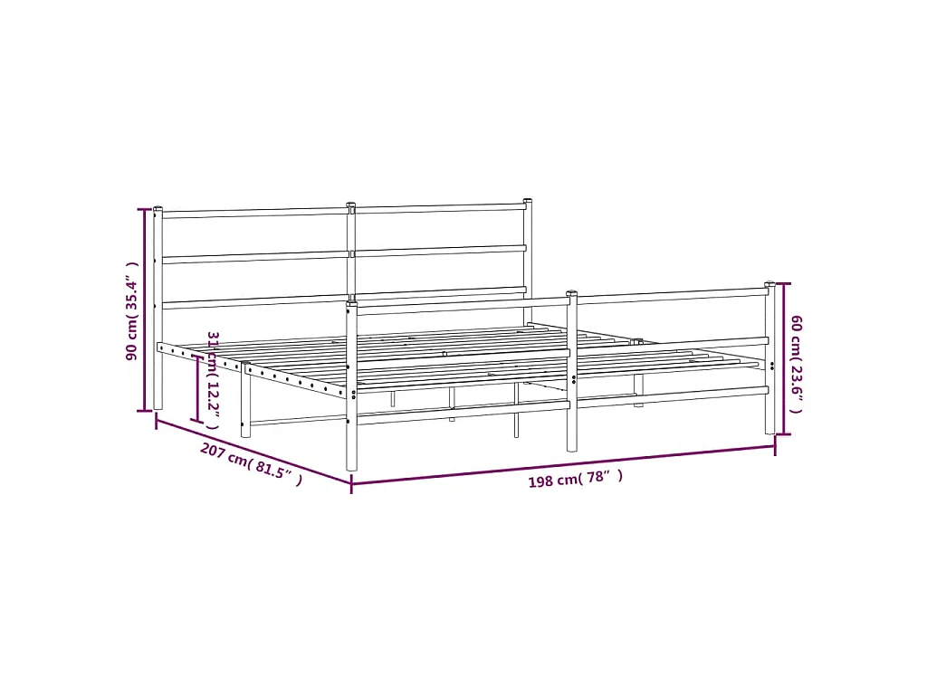 Cadre de lit métal sans matelas avec pied de lit noir 193x203cm