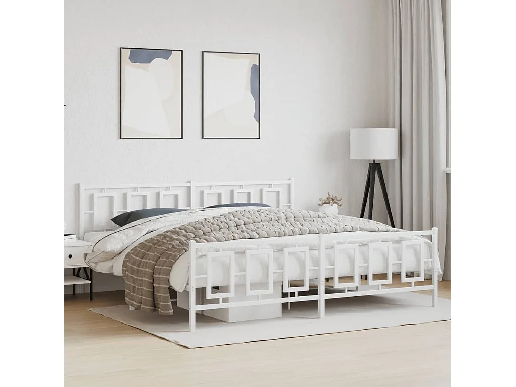 Cadre de lit métal sans matelas et pied de lit blanc 193x203 cm