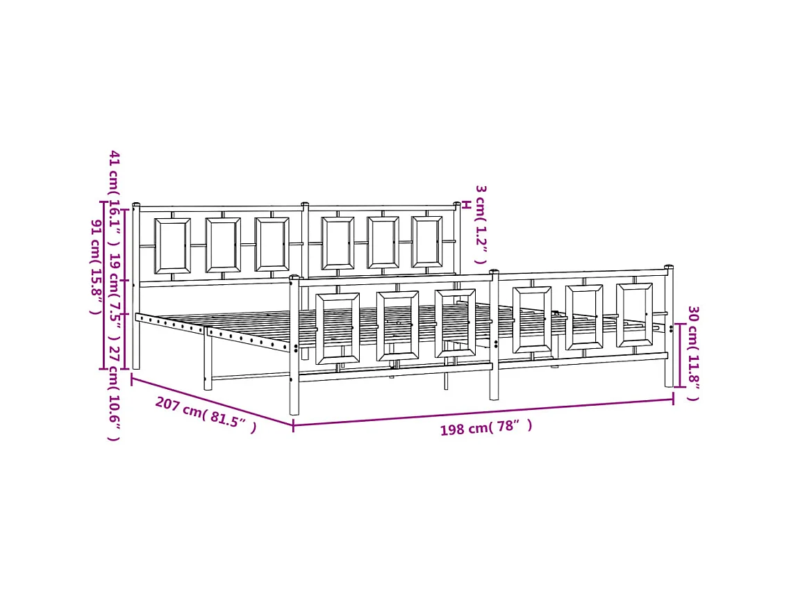 Cadre de lit métal sans matelas avec pied de lit noir 193x203cm