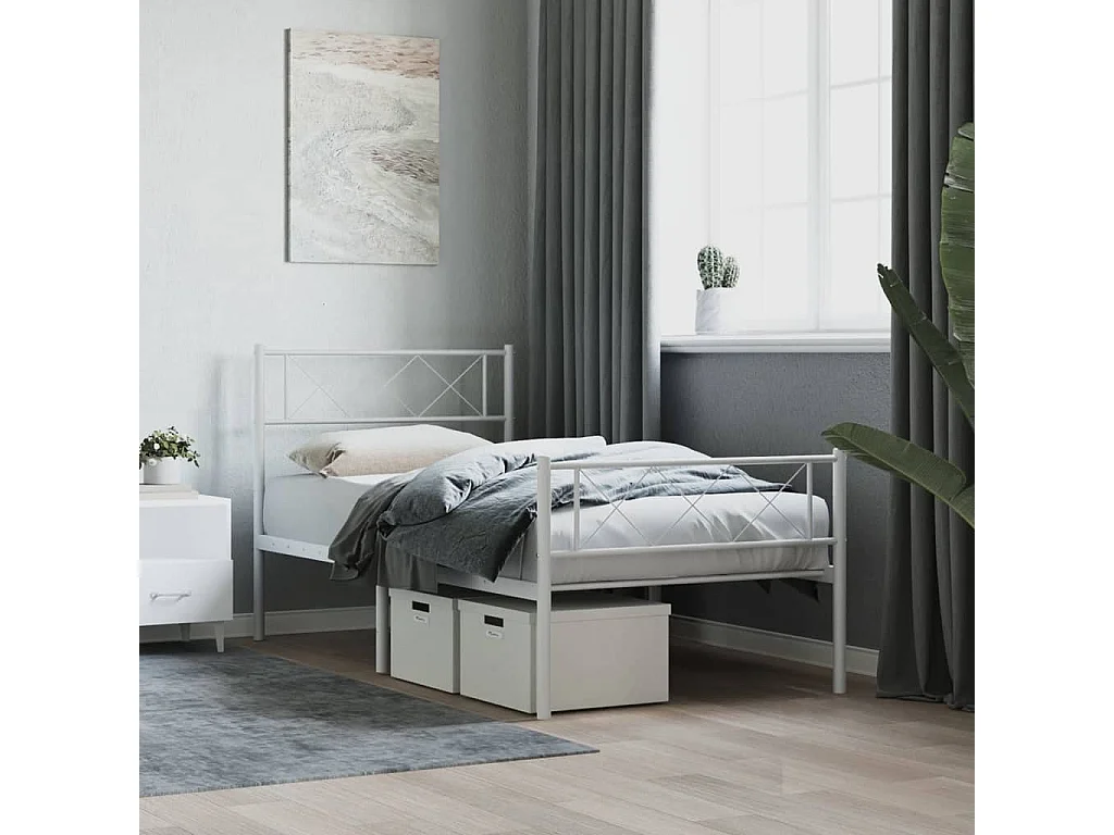 Cadre de lit métal sans matelas et pied de lit blanc 107x203 cm