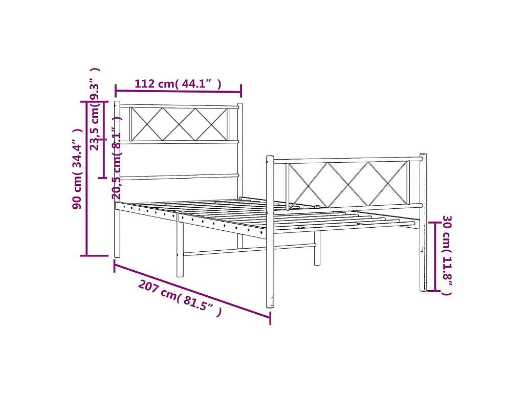 Cadre de lit métal sans matelas et pied de lit blanc 107x203 cm