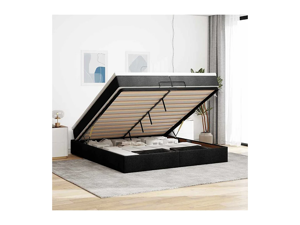 Cadre de lit ottoman avec matelas noir 200x200cm tissu