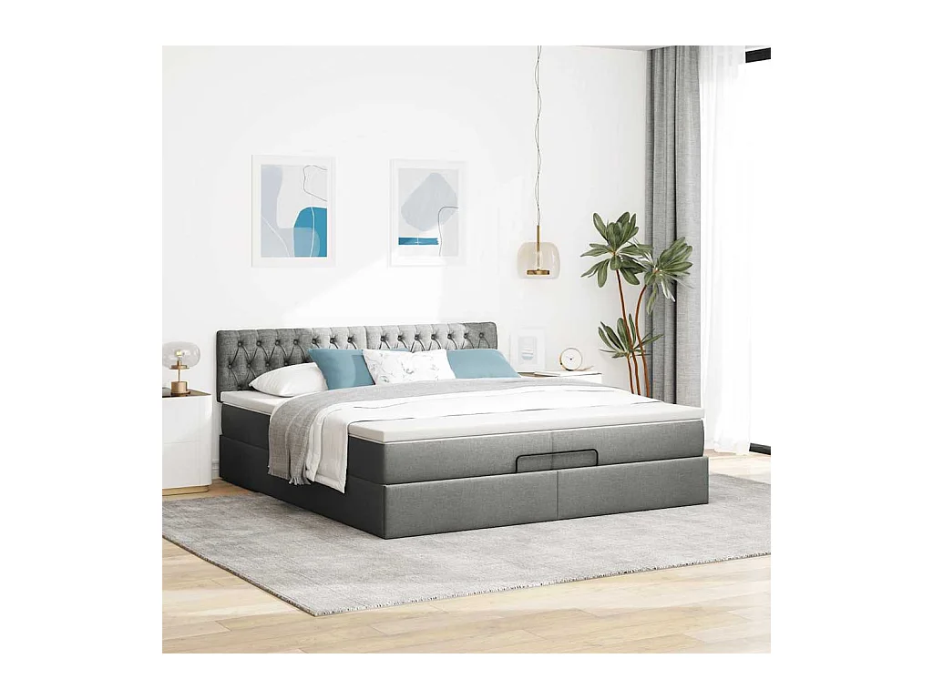 Ottoman-Bett mit Matratzen & LEDs Dunkelgrau 200x200 cm Stoff