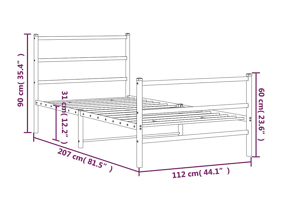 Cadre de lit métal sans matelas avec pied de lit noir 107x203cm