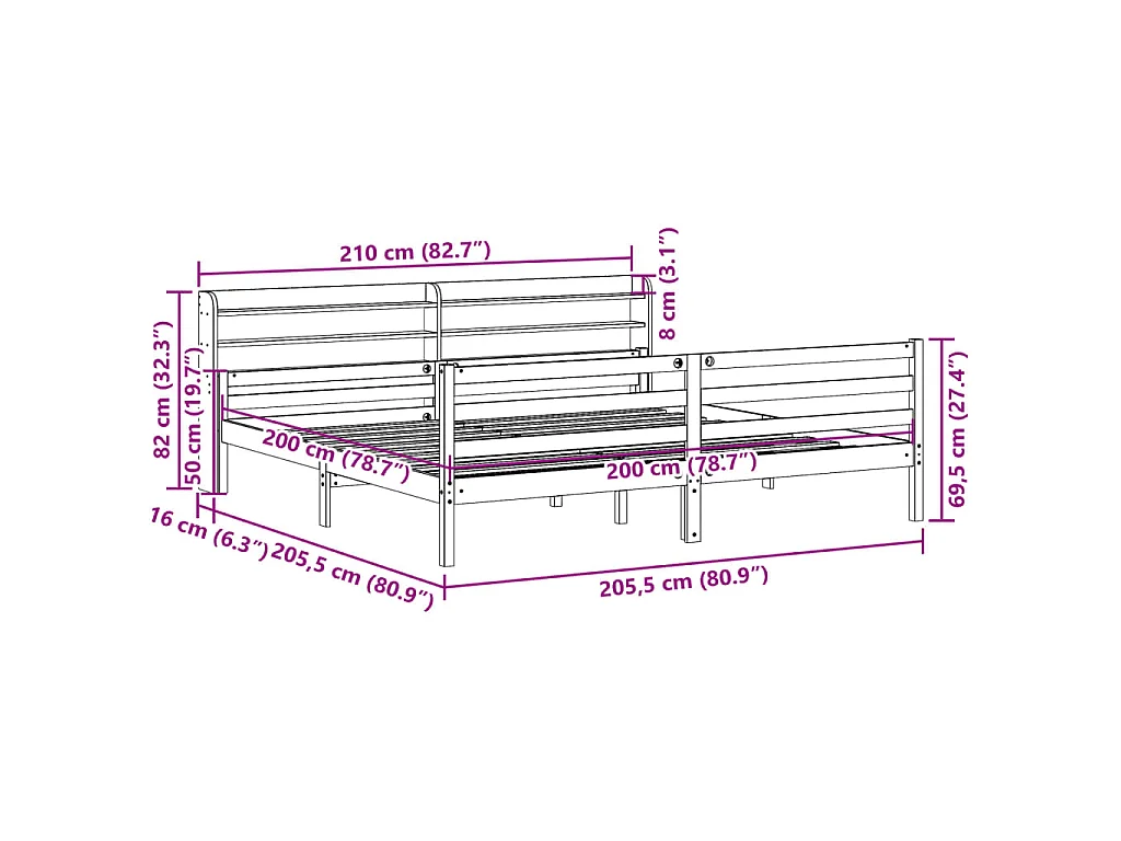 Bedframe met hoofdbord massief grenenhout 200x200 cm