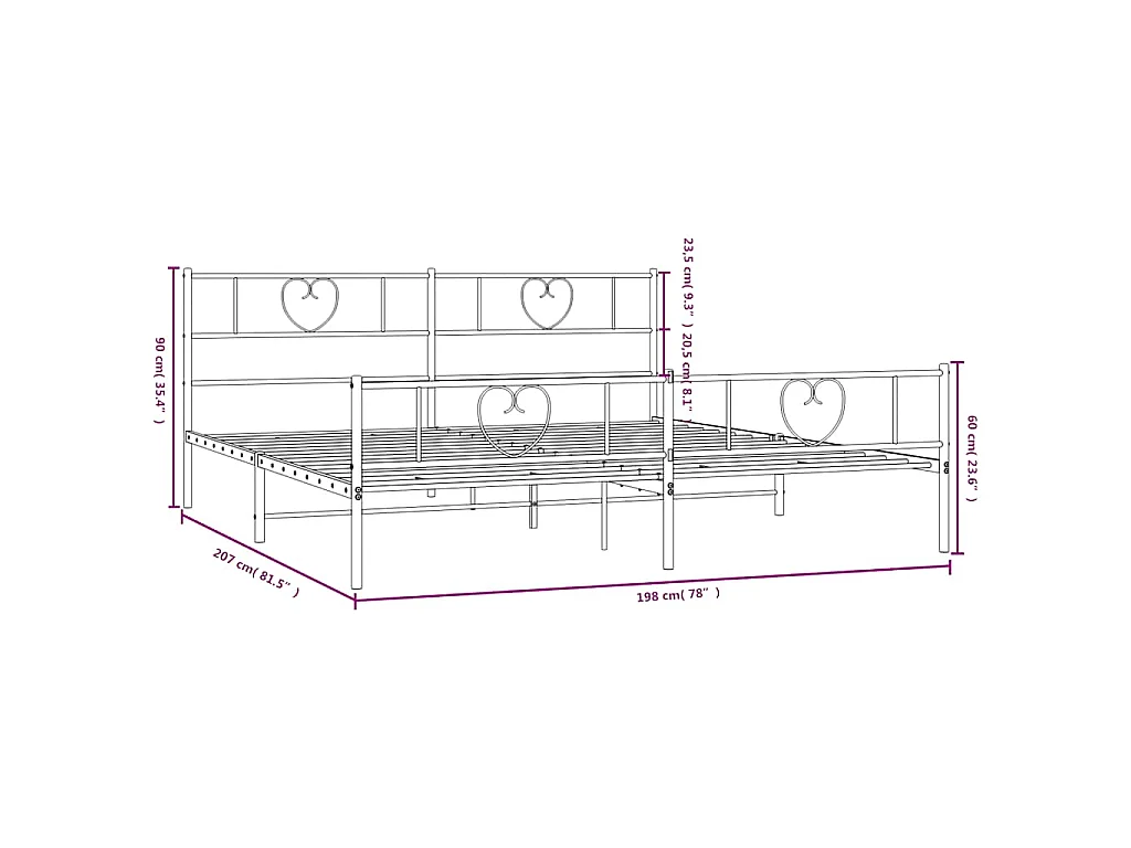 Cadre de lit métal sans matelas et pied de lit blanc 193x203 cm