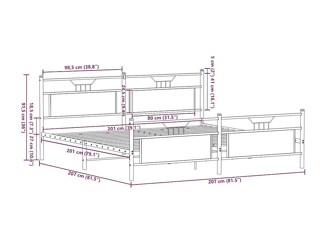 Metallbett ohne Matratze Räuchereiche 200x200 cm
