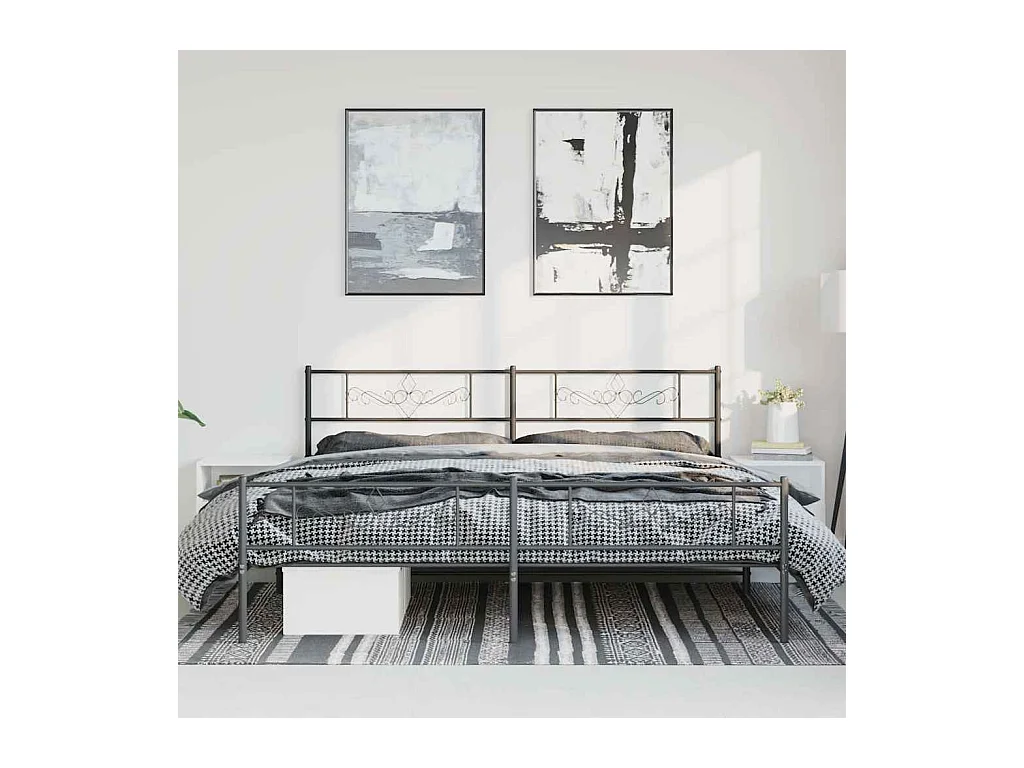 Cadre de lit métal sans matelas avec pied de lit noir 193x203cm