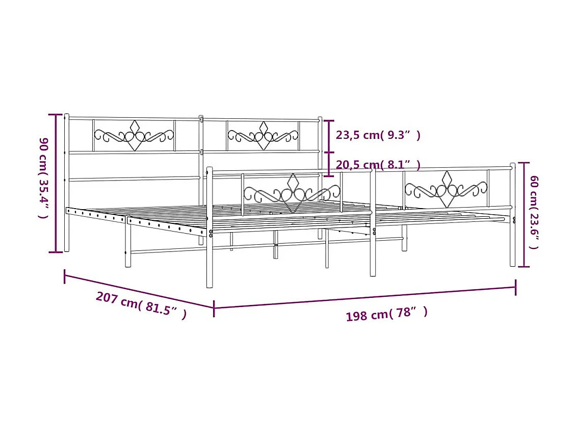 Cadre de lit métal sans matelas avec pied de lit noir 193x203cm