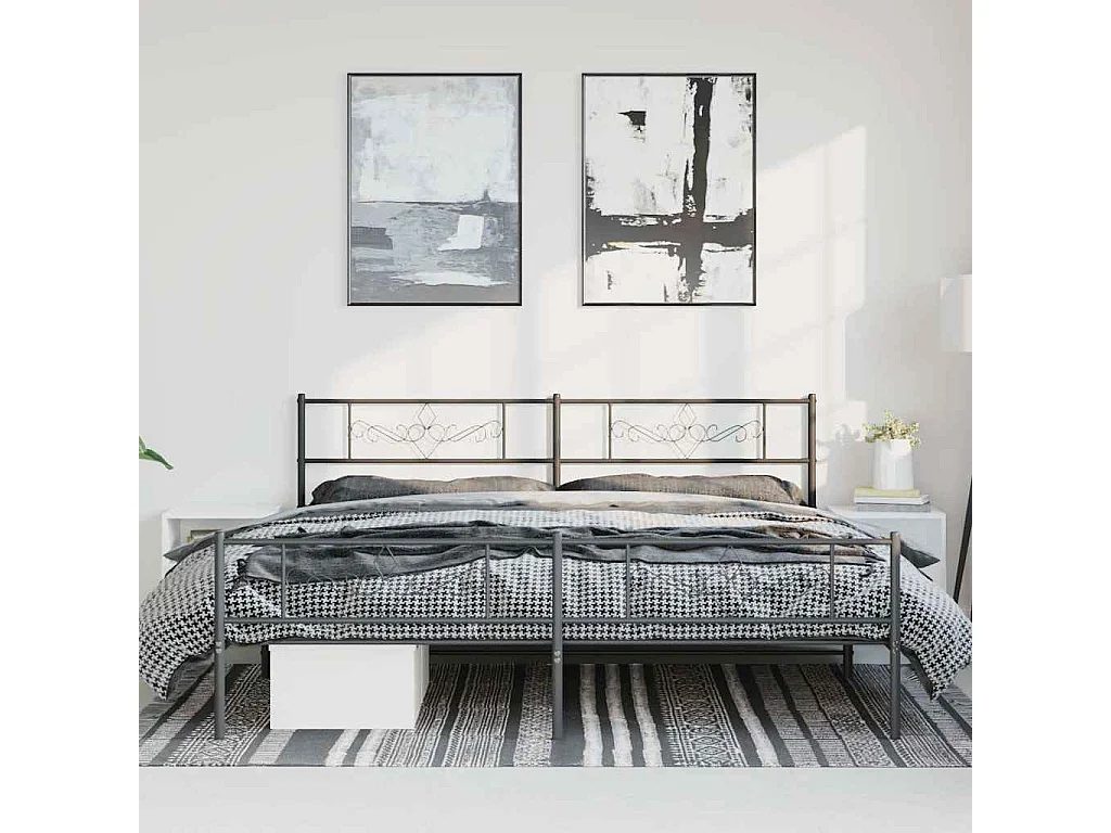 Cadre de lit métal sans matelas avec pied de lit noir 193x203cm