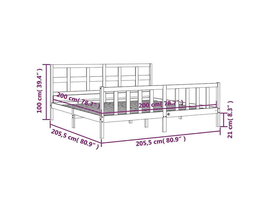 Cadre de lit sans matelas noir 200x200 cm bois massif de pin