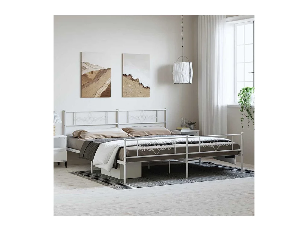 Cadre de lit métal sans matelas et pied de lit blanc 193x203 cm