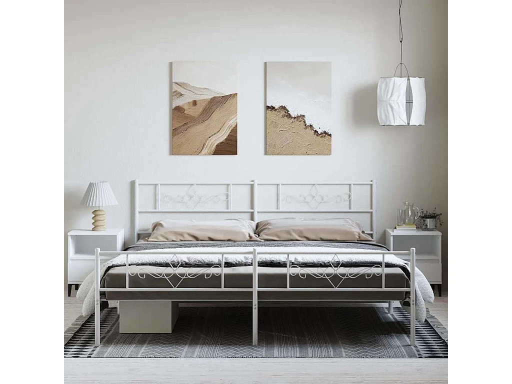 Cadre de lit métal sans matelas et pied de lit blanc 193x203 cm