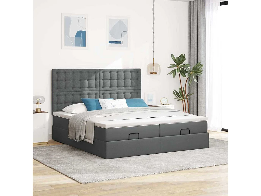 Cadre de lit ottoman avec matelas gris foncé 200x200cm tissu