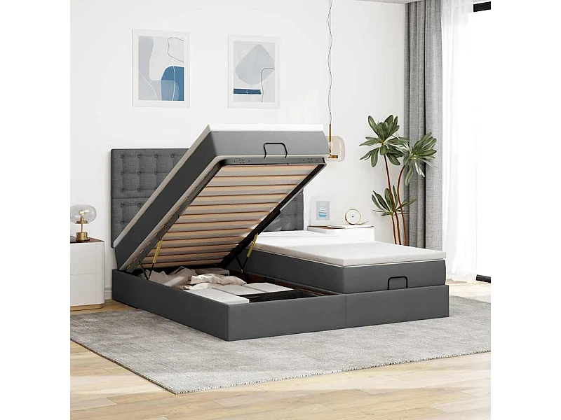 Cadre de lit ottoman avec matelas gris foncé 200x200cm tissu