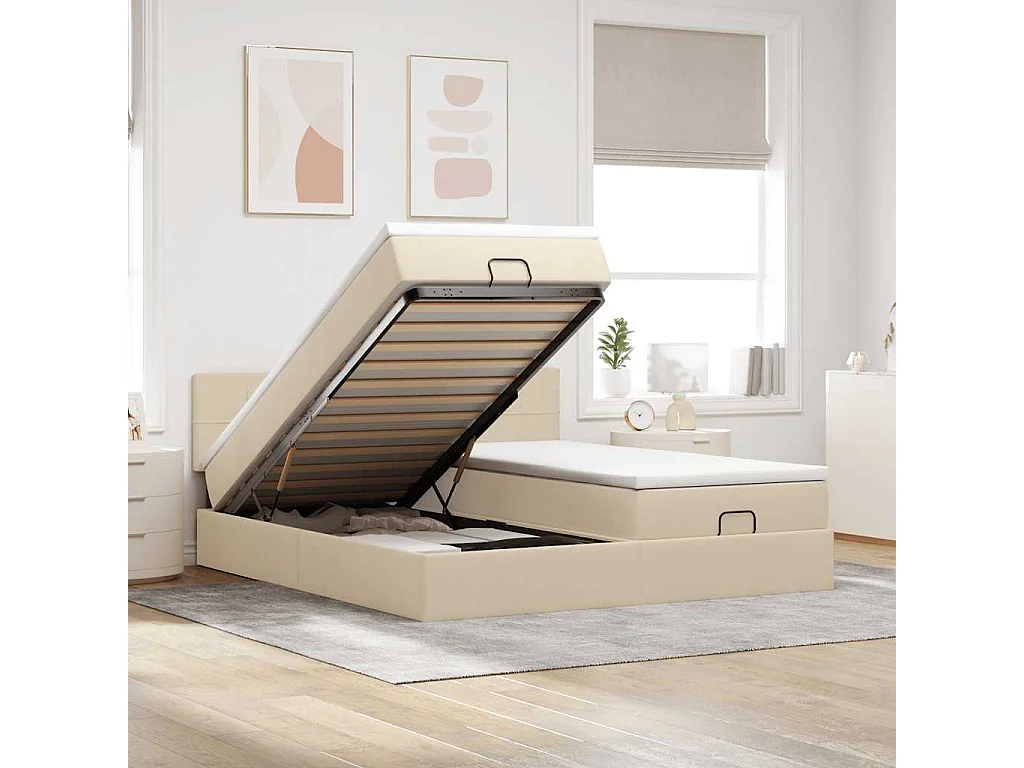 Ottoman bed met matrassen en LED's 200x200cm stof crèmekleurig