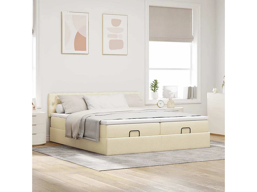 Struttura Letto Pouf con Materassi Crema 200x200 cm in Tessuto