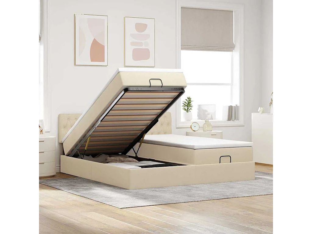 Ottoman bed met matrassen en LED's 200x200cm stof crèmekleurig