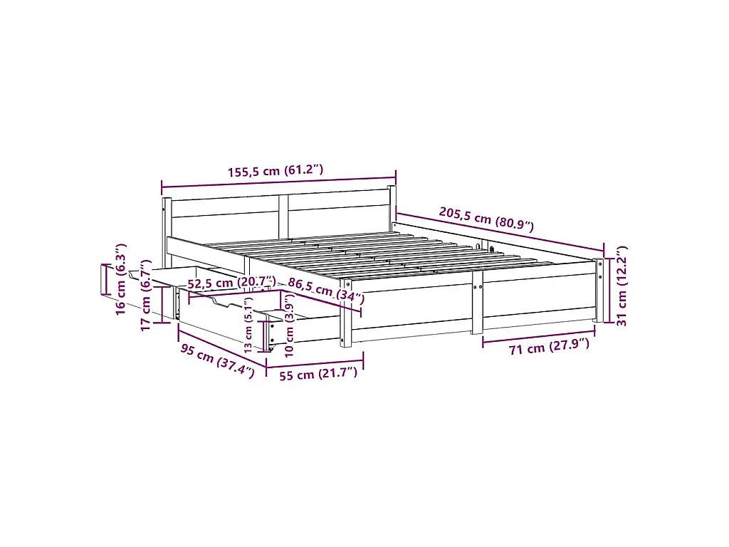 Letto senza Materasso Bianco 150x200 cm Legno Massello di Pino