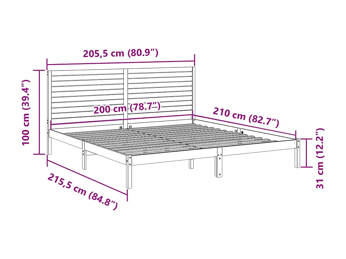 Cadre de lit extra long sans matelas 200x210 cm bois massif