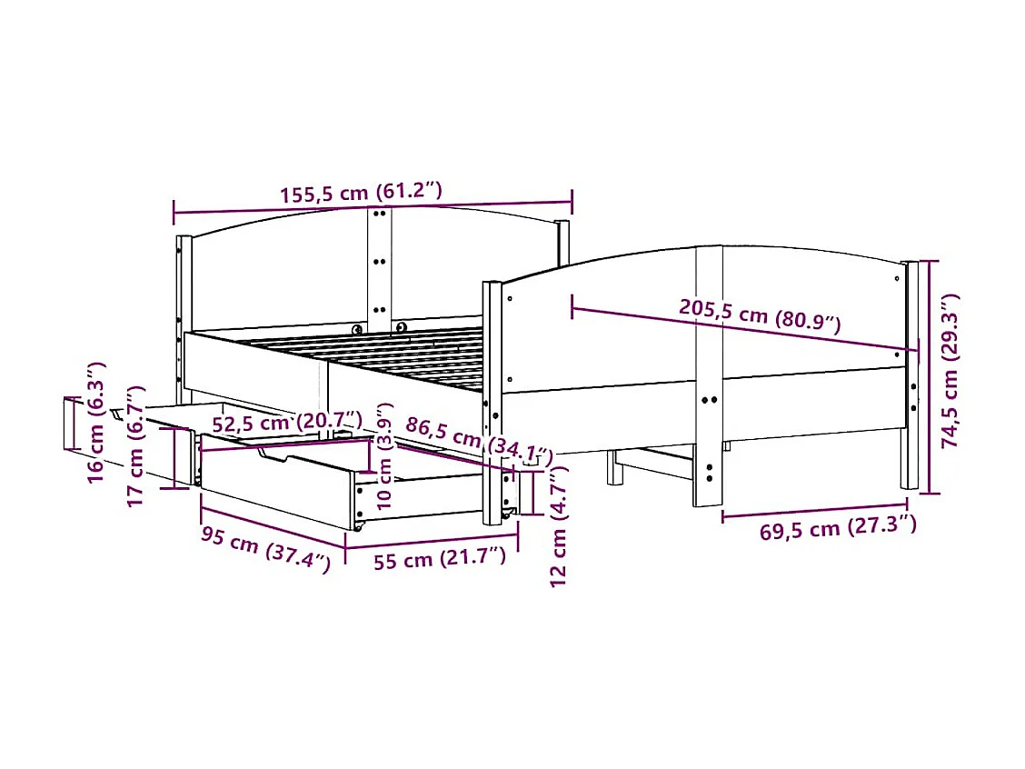 Letto senza Materasso 150x200 cm in Legno Massello di Pino