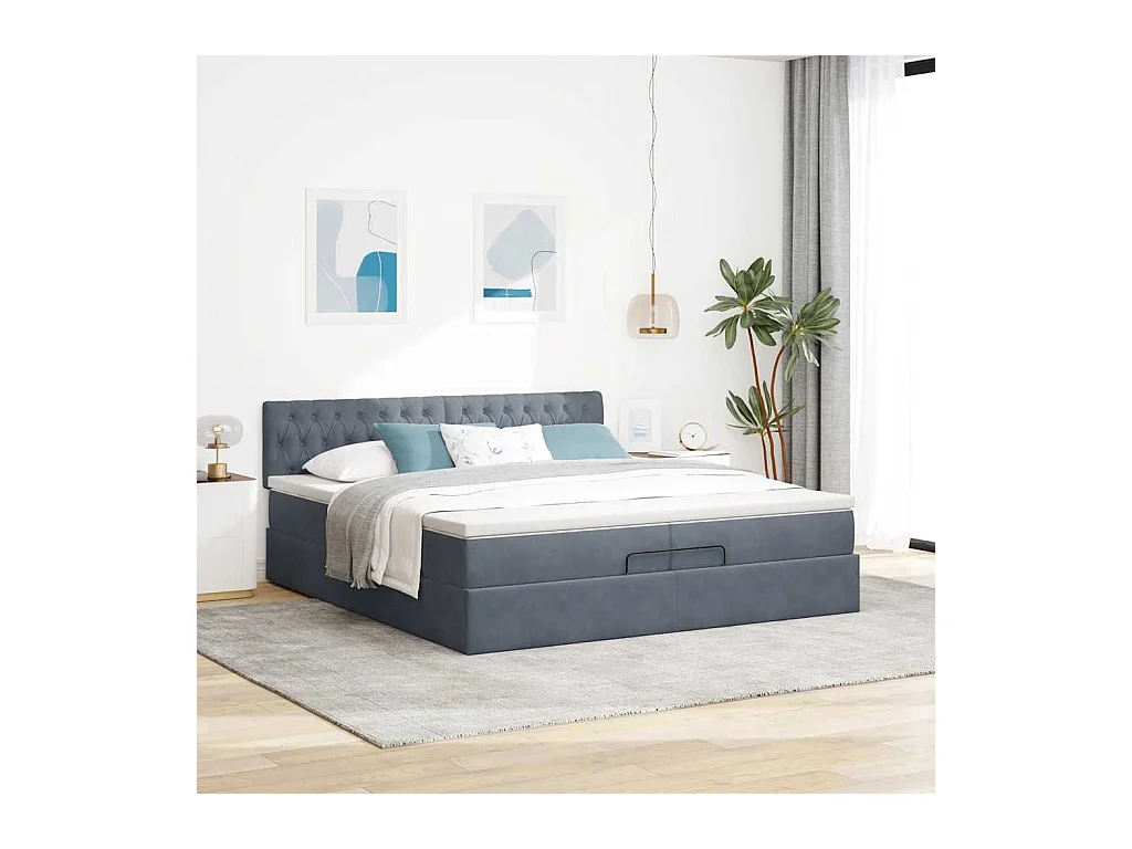 Cadre de lit ottoman avec matelas gris foncé 200x200 cm velours